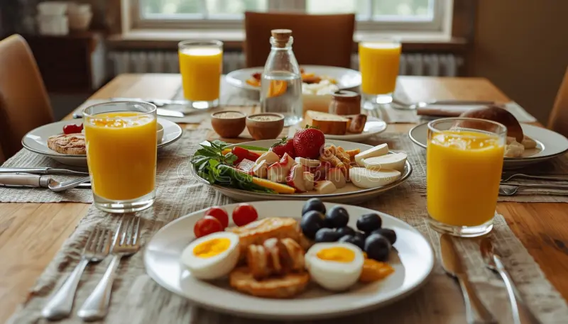A bright breakfast table with whole grains, fresh fruit, and herbal tea arranged for a balanced morning meal