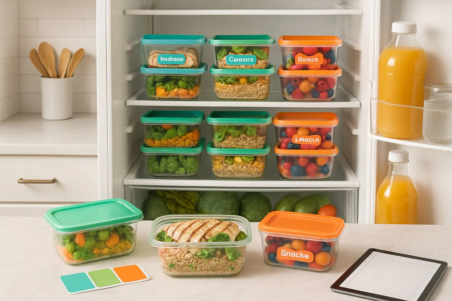Organised kitchen counter with chopping board, fresh vegetables, and labelled storage containers for weekly meal preparation